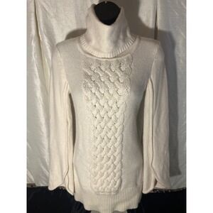 INC Silk/Angorq Hair Cream Turtleneck Cable Knit Sweater Split Bell Sleeve SZ  S